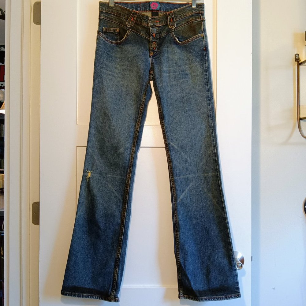Fiorucci Button Fly Distressed Flare/Boot Cut Jeans Junior Size 9